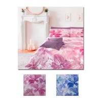 Completo letto lenzuola matrimoniale raso copriletto fiori moderno OPALE rosa azzurro 