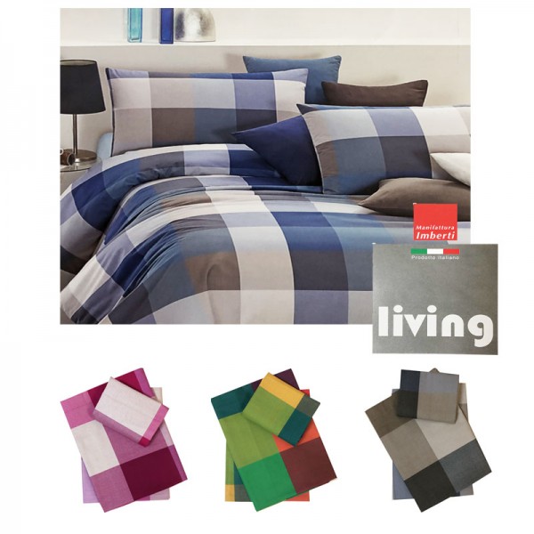 Completo letto singolo puro cotone Living Imberti scacchi grigio fuxia  multicolor :: Easy Home Store